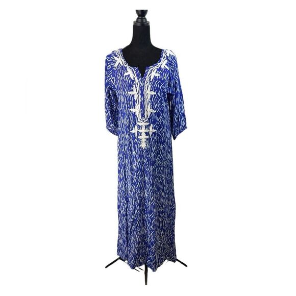 World Market Blue White Embroidered Boho Maxi Long Dress Free Size NWT - Picture 3 of 15